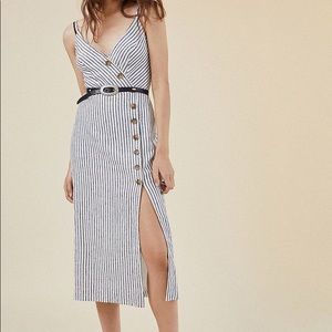 UO Amber Striped Linen Button-Through Midi Dress